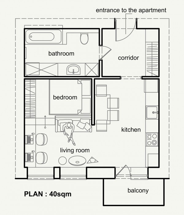 apartment plan 600x701 2 căn hộ dưới 45 m2 đẹp như mơ bạn không thể không xem qua