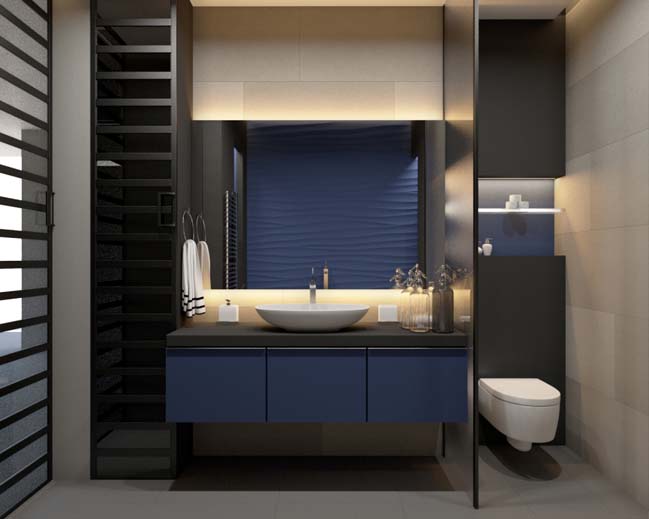 phong tam dep voi mau den va xanh duong 02 Ngỡ ngàng với phòng tắm đẹp hiện đại với tông màu đen và xanh dương