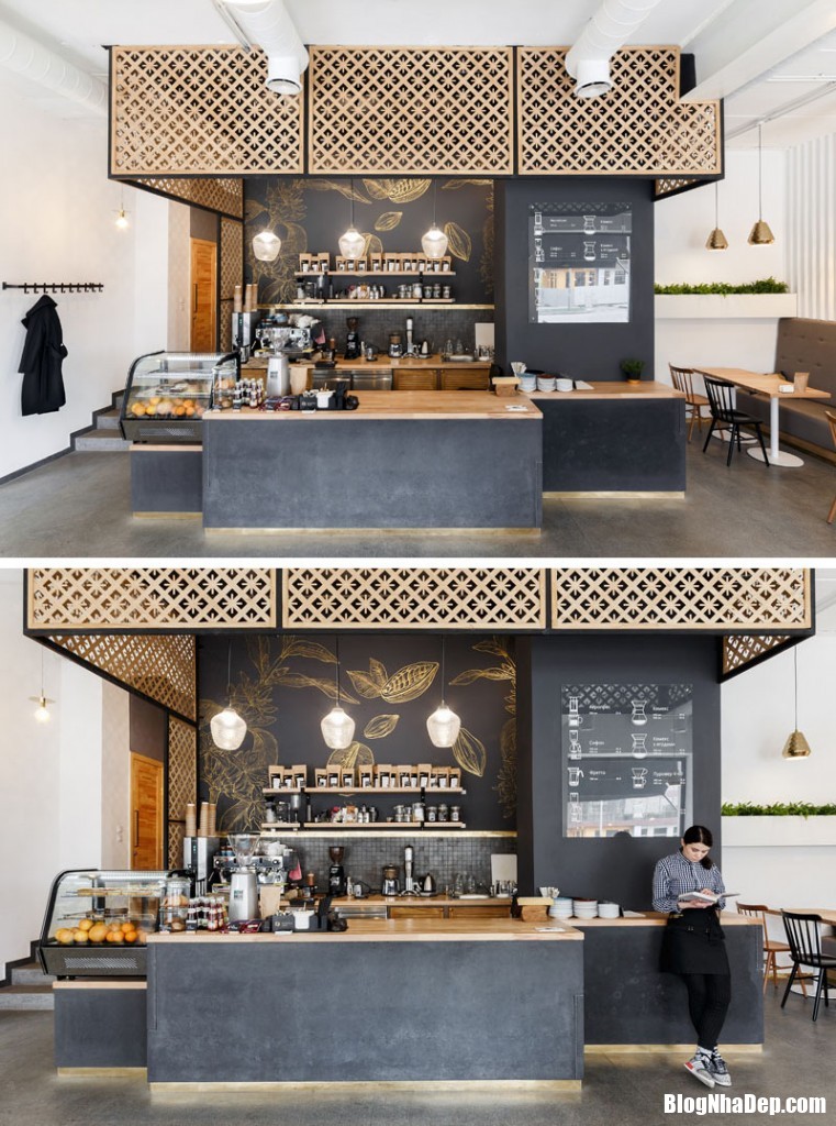 black and gold coffee shop modern interior design 070617 1020 03A1 Không gian quán cafe tông vàng đồng bắt mắt
